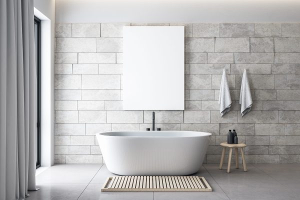 Minimalistic bathroom with blank poster on wall and self care products. Style and hygiene concept. Mock up. 3d rendering
